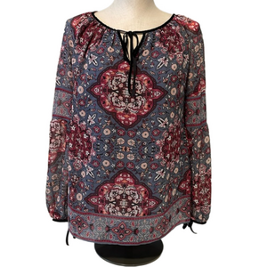 White House Black Market steel blu /maroon floral peasant blouse sz 6